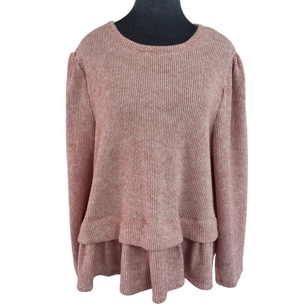 CeCe Soft Girl Coquette Barbiecore 2X Pink Marled Puff Sleeve Ruffle Hem Sweater